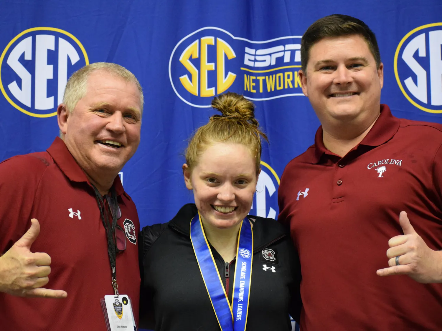 Graduate student Brooke Schultz poses with her father (left) following a swim meet this year. Schultz has been named SEC Diver of the Week twice since joining South Carolina.