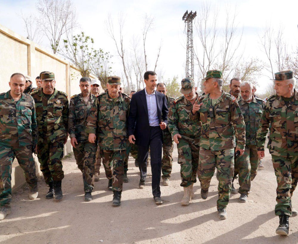 Syrian President Bashar al-Assad visits with regime forces in Eastern Ghouta on March 18, 2018. (SalamPix/Abaca Press/TNS) 