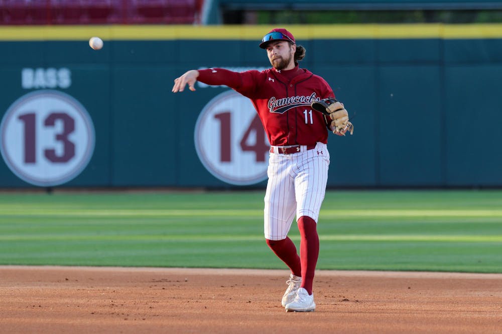 <p>Fifth-year infielder Parker Noland throws the ball toward first base during the Gamecocks' loss to the Georgia Southern on April 3, 2024. Noland went 1-4 at bat, and the team totaled 4 hits overall.</p>