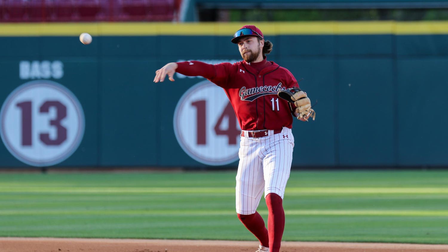 Fifth-year infielder Parker Noland throws the ball toward first base during the Gamecocks' loss to the Georgia Southern on April 3, 2024. Noland went 1-4 at bat, and the team totaled 4 hits overall.