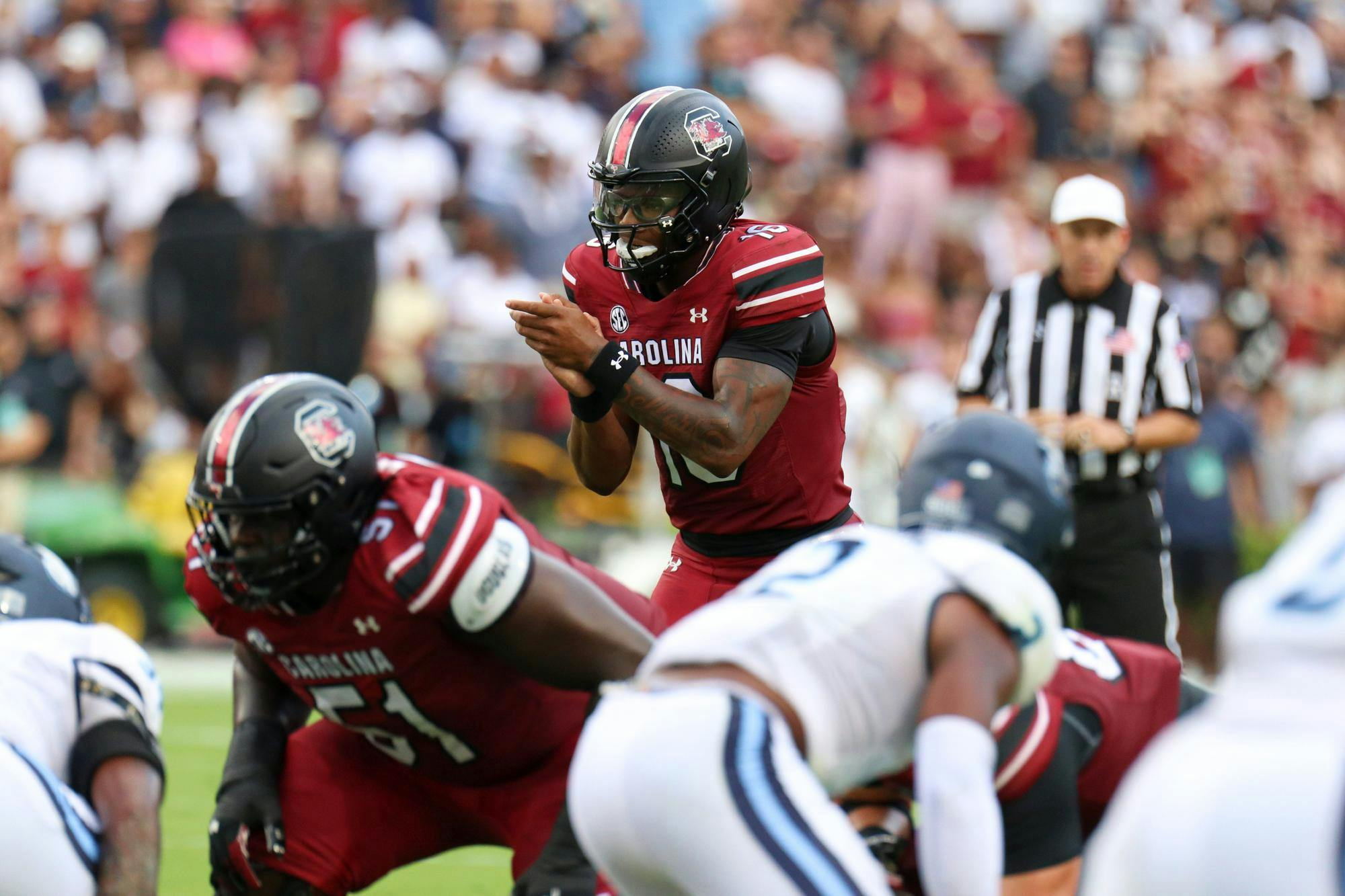 FILE — Redshirt freshman quarterback LaNorris Sellers calls for the snap during South Carolina's home opener against Old Dominion on Aug. 31, 2024. Sellers started for the Gamecocks in their first two games of the 2024 season, throwing for a total of 273 yards and achieving completion rate of 55%.