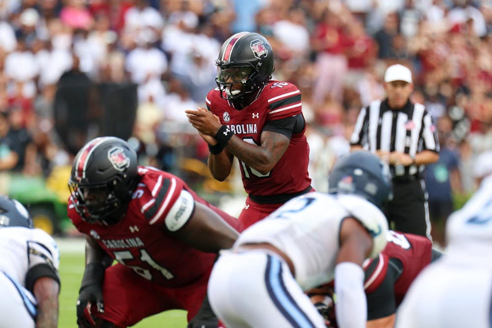 <p>FILE — Redshirt freshman quarterback LaNorris Sellers calls for the snap during South Carolina's home opener against Old Dominion on Aug. 31, 2024. Sellers started for the Gamecocks in their first two games of the 2024 season, throwing for a total of 273 yards and achieving completion rate of 55%.</p>