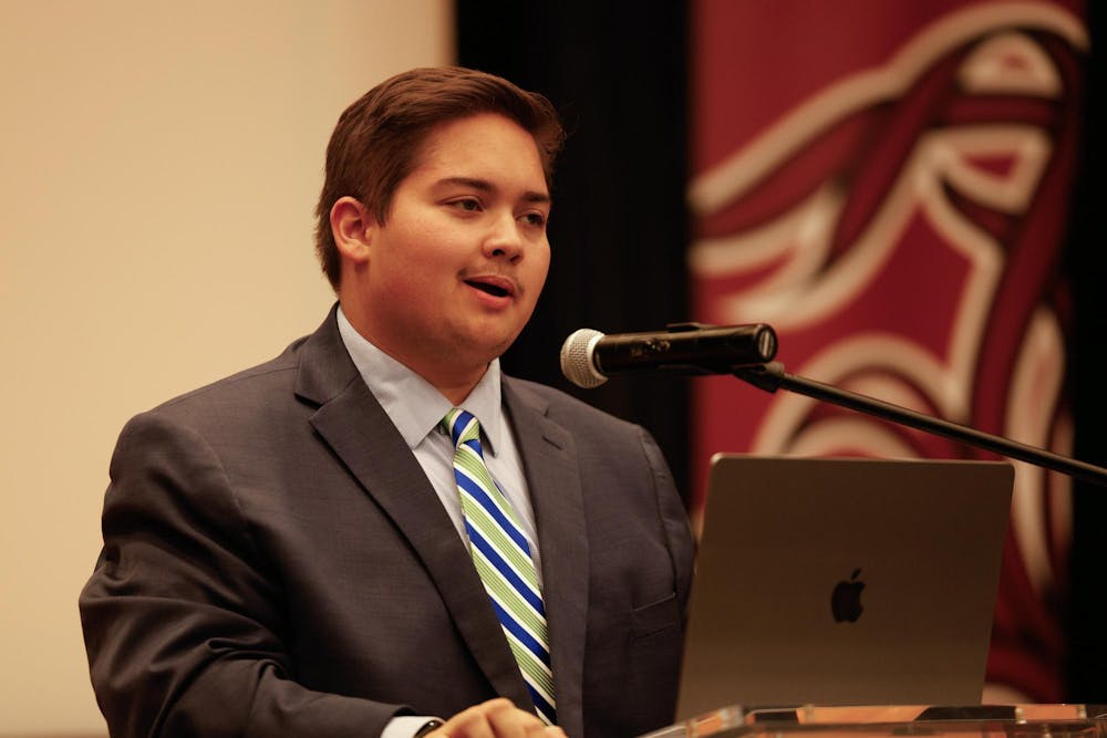 <p>FILE — Student Body Treasurer Jacob Vaught gives updates during a student senate meeting on Oct. 23, 2024. Vaught is resigning from the role effective Nov. 6</p>