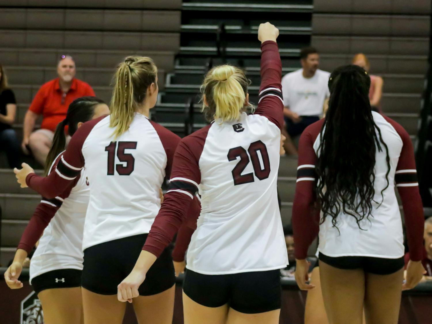 The South Carolina volleyball team celebrates after scoring a point against Sacred Heart on Friday, Aug. 26, 2022.&nbsp;