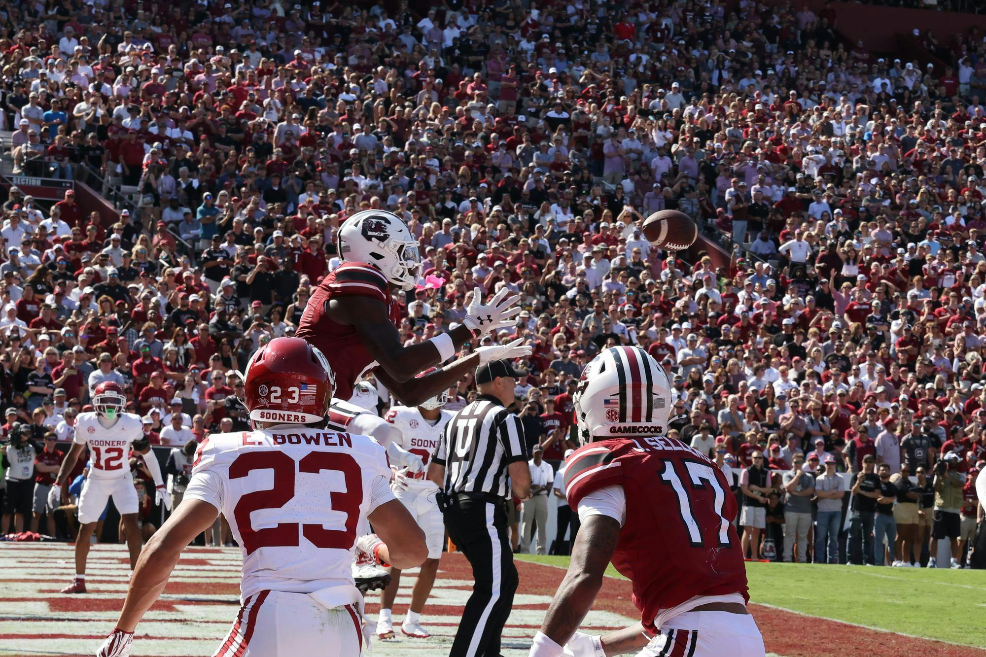 &nbsp;Junior wide receiver Nyck Harbor jumps to catch&nbsp;a ball midair to score a touchdown for the Gamecocks. Oklahoma won against South Carolina on Oct. 18, 2025, at Williams-Brice Stadium.