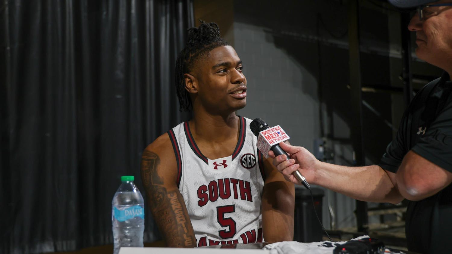 FILE – Graduate forward Nick Pringle talks to a reporter after a team practice on Oct. 21, 2024, at Colonial Life Arena. Pringle spent the last two years at Alabama before transferring to South Carolina for the 2024 season.