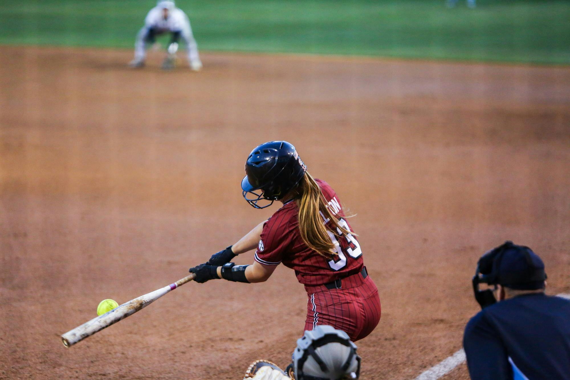 Junior infielder Karley Shelton hits the ball during the second game of the Gamecocks' doubleheader against Boston University and Kennesaw State at the Carolina Softball Stadium at Beckham Field on Feb. 14, 2026. Shelton singled the ball, allowing freshman outfielder Dakota Potter to score the first run for South Carolina at the bottom of the first inning.