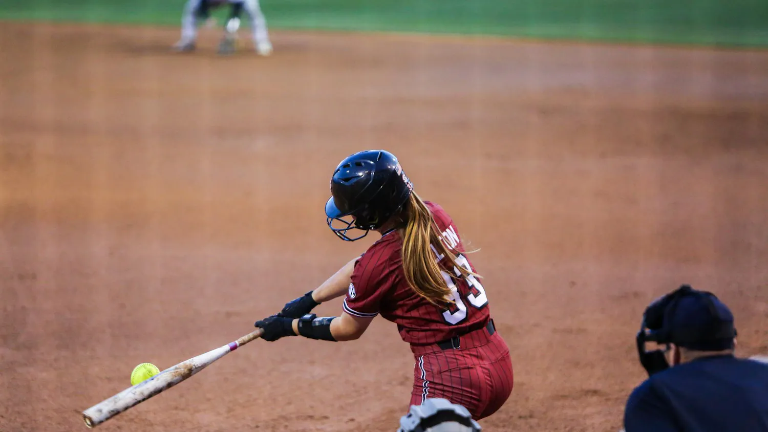 Junior infielder Karley Shelton hits the ball during the second game of the Gamecocks' doubleheader against Boston University and Kennesaw State at the Carolina Softball Stadium at Beckham Field on Feb. 14, 2026. Shelton singled the ball, allowing freshman outfielder Dakota Potter to score the first run for South Carolina at the bottom of the first inning.