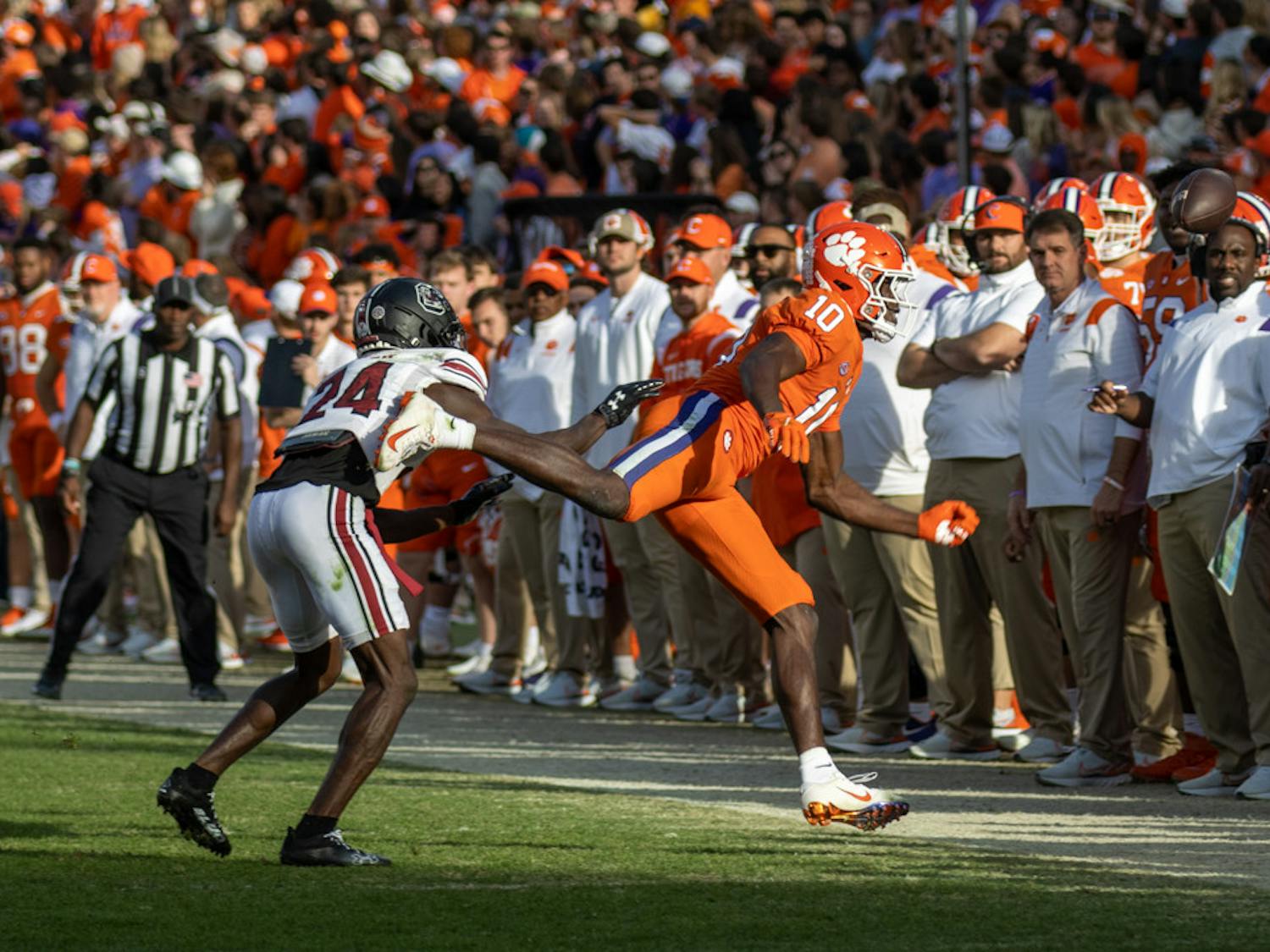 Redshirt junior Marcellas Dial covers a Clemson receiver on Nov. 26, 2022 at Memorial Stadium. Dial defended four passes overall against Clemson.