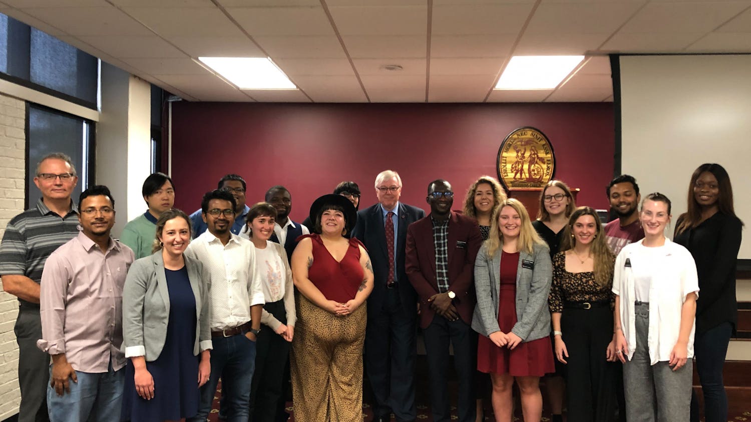 The USC Graduate Student Association poses for a photo with President Amiridis after its meeting on Aug. 17, 2022. The GSA is group of graduate and professional students that advocates for the advancement of graduate students at the university.
