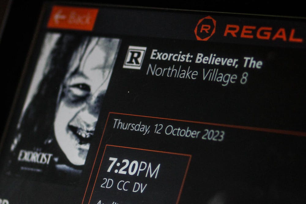 <p>A photo illustration of a screen showing information for "The Exorcist: Believer" at Regal Northlake Village in Lexington, South Carolina on Oct. 12, 2023. "The Exorcist: Believer," the sixth installment in "The Exorcist" franchise, was released on Oct. 6, 2023.</p>