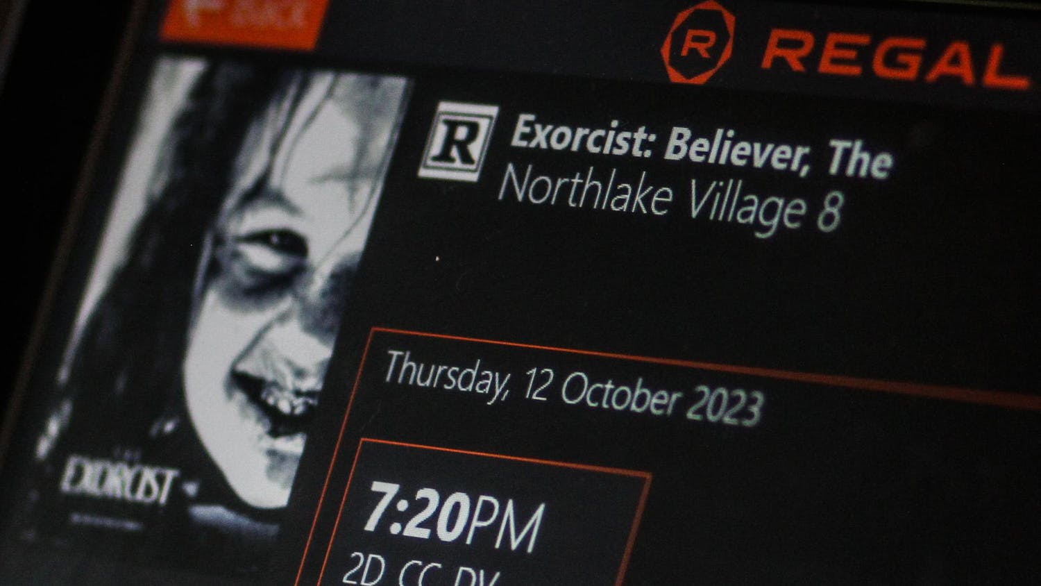 A photo illustration of a screen showing information for "The Exorcist: Believer" at Regal Northlake Village in Lexington, South Carolina on Oct. 12, 2023. "The Exorcist: Believer," the sixth installment in "The Exorcist" franchise, was released on Oct. 6, 2023.