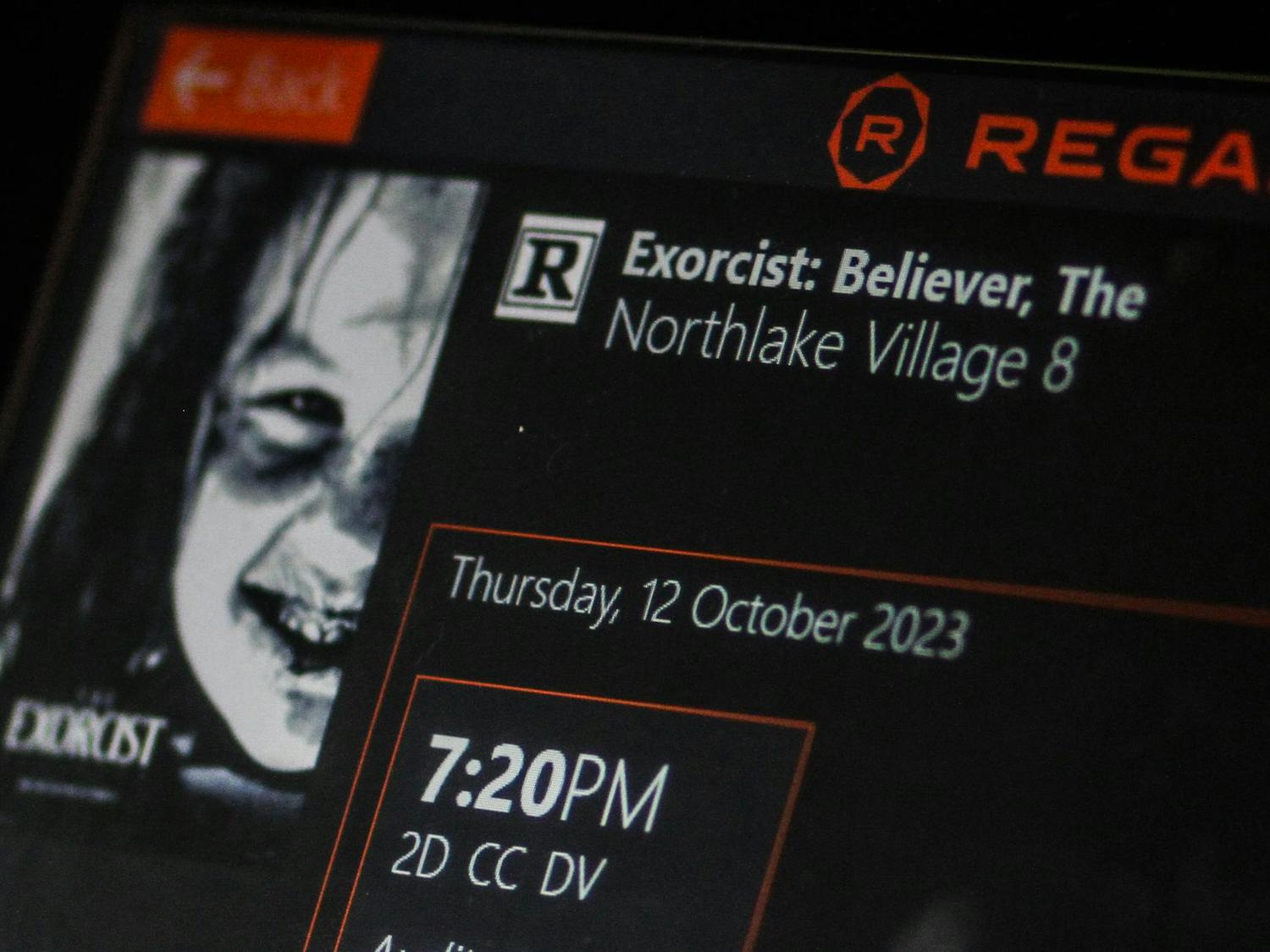 A photo illustration of a screen showing information for "The Exorcist: Believer" at Regal Northlake Village in Lexington, South Carolina on Oct. 12, 2023. "The Exorcist: Believer," the sixth installment in "The Exorcist" franchise, was released on Oct. 6, 2023.