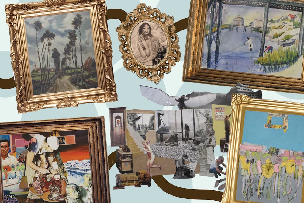 A collage of various framed art pieces and vintage photos from the USC Generations exhibit arranged on a light blue background.