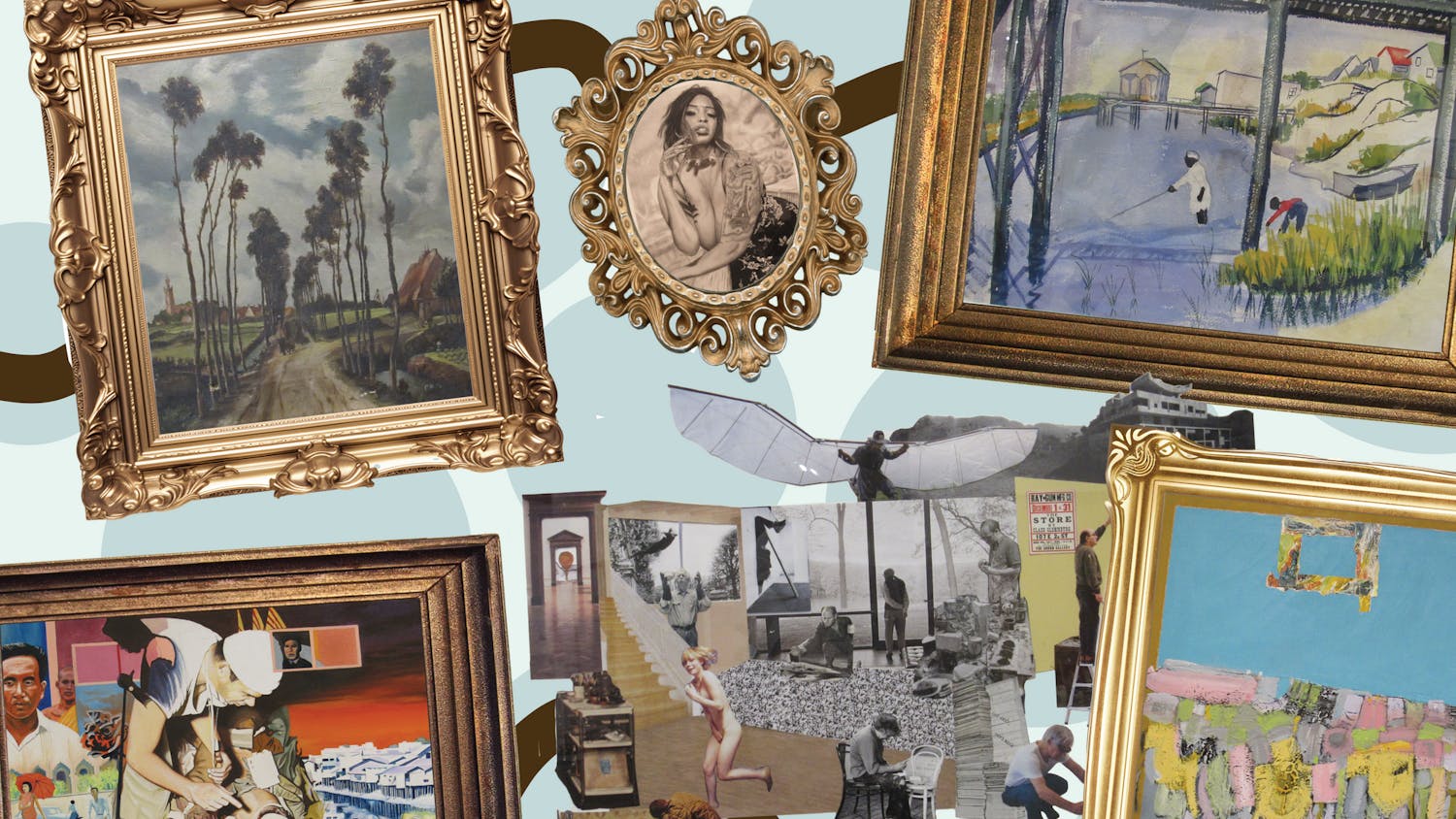 A collage of various framed art pieces and vintage photos from the USC Generations exhibit arranged on a light blue background.