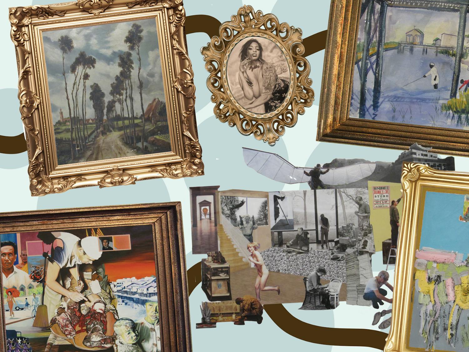 A collage of various framed art pieces and vintage photos from the USC Generations exhibit arranged on a light blue background.