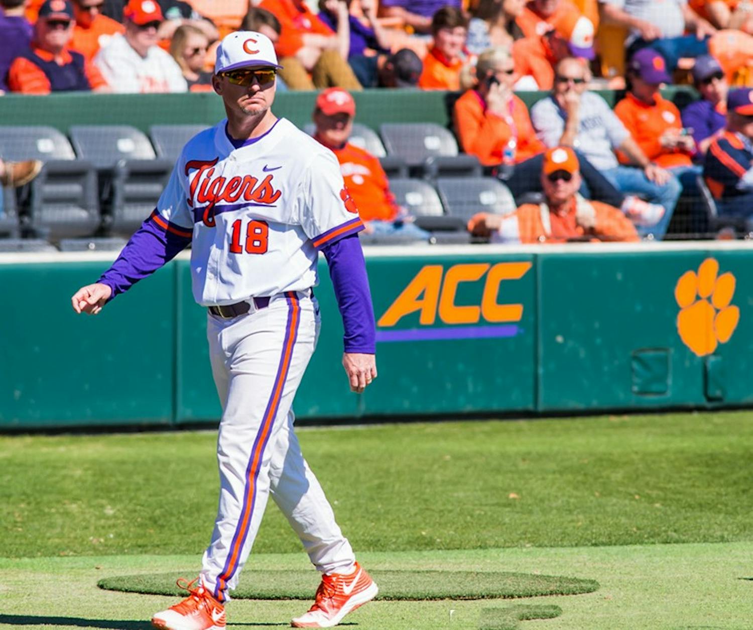Former Clemson head baseball coach Monte Lee walks down baseball field during a Clemson game on Feb. 28, 2016. According to multiple reports, Lee will replace assistant baseball coach Chad Caillet, who will retire.&nbsp;