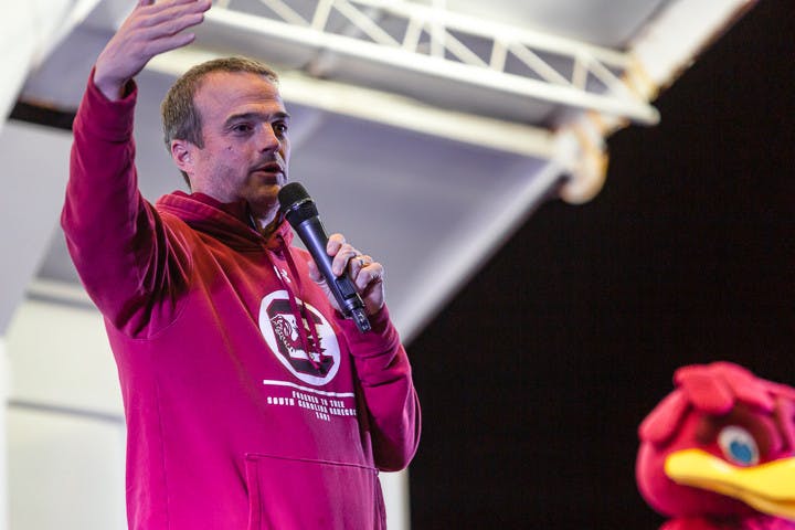 Head coach Shane Beamer takes the stage during the opening ceremony of the annual USC Tiger Burn on Nov. 21, 2022. Beamer gets the crowd amped up in preparation for the Tiger Burn and the upcoming South Carolia-Clemson rivalry match on Nov. 26, 2022.