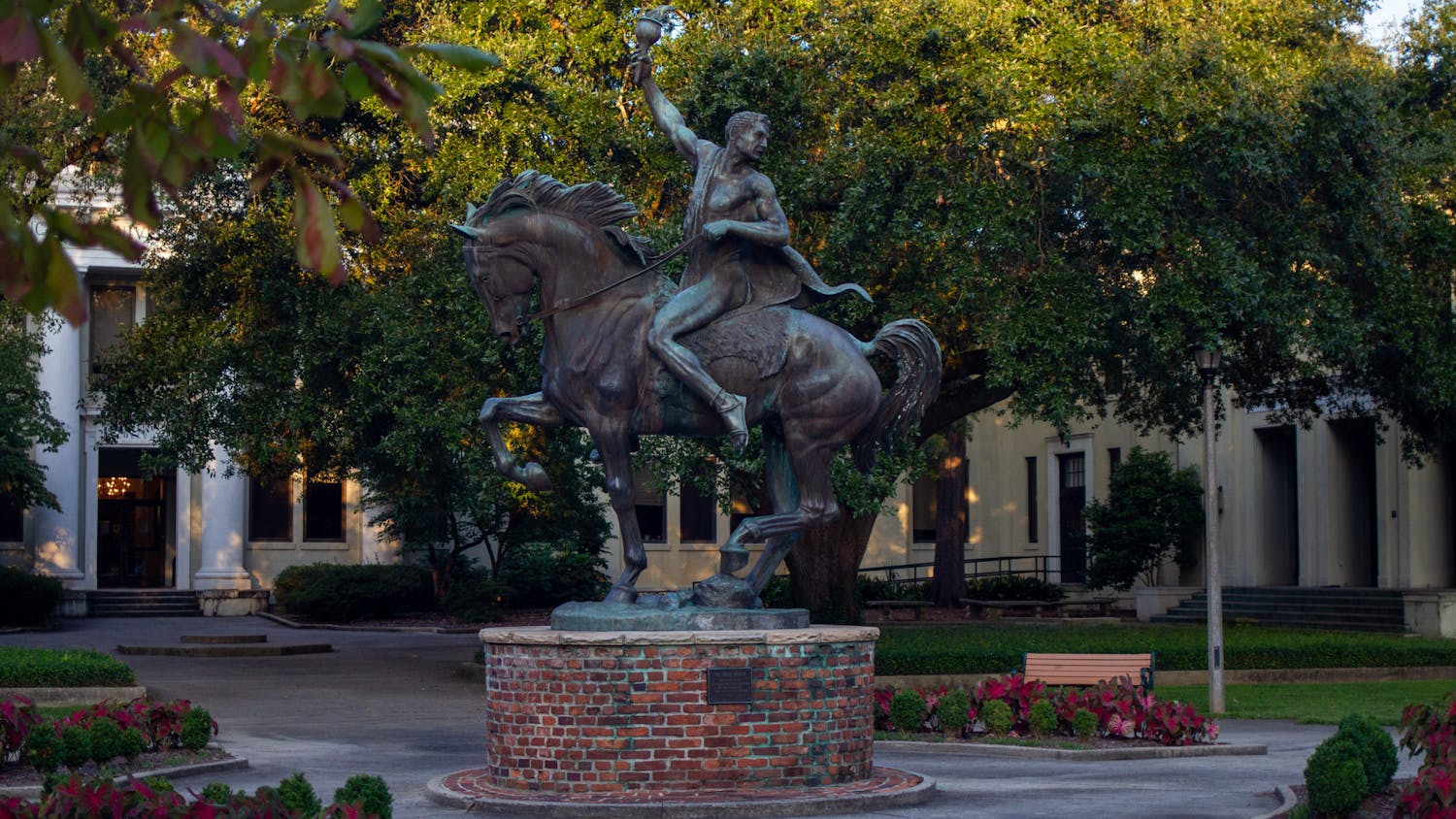 “The Torch Bearer” by Anna Hyatt Huntington stands in front of Wardlaw College on Sept. 12, 2022. Wardlaw College serves as the home of USC's College of Education.