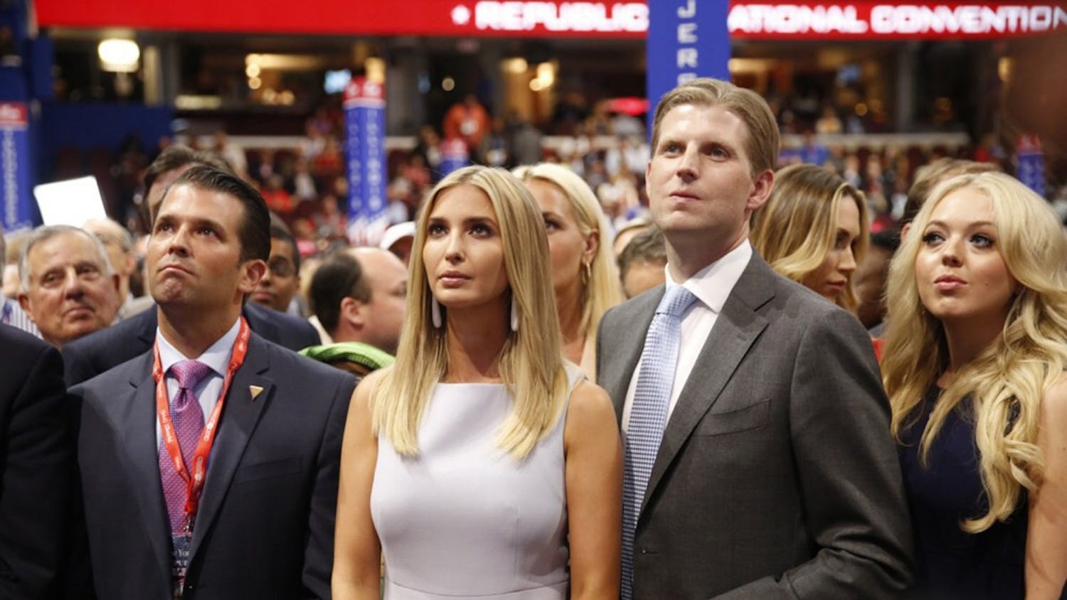 From left, Donald Trump Jr., Ivanka Trump, Eric Trump and Tiffany Trump, take part in the roll call vote putting their father, Republican presidential candidate Donald Trump, over the top on the second day of the Republican National Convention on Tuesday, July 19, 2016, at Quicken Loans Arena in Cleveland. (Brian van der Brug/Los Angeles Times/TNS) 
