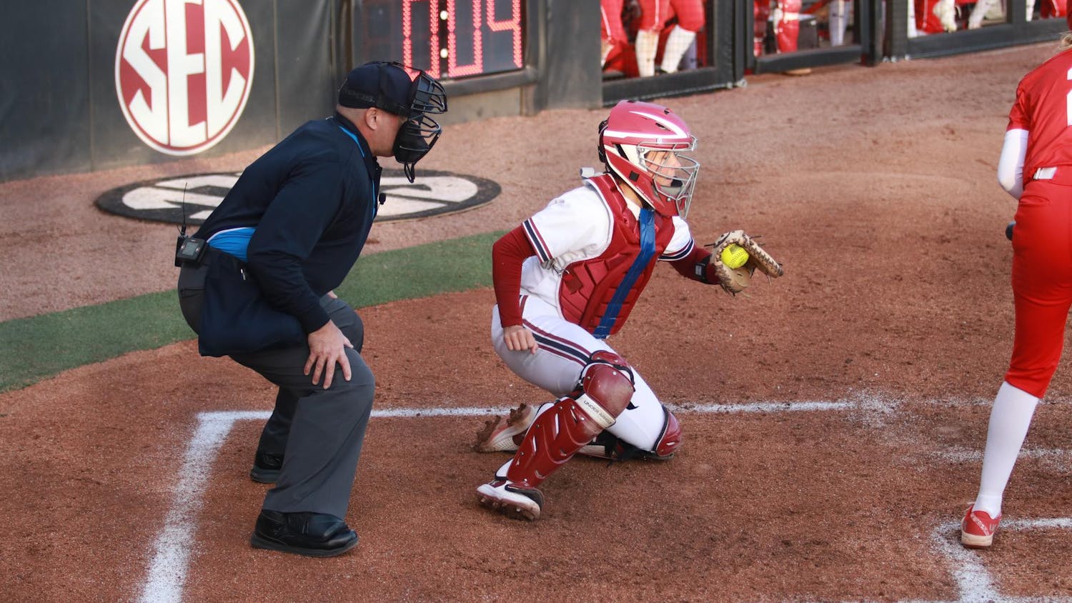 Junior catcher Lexi Winters catches a strike against Boston University on Feb. 21, 2025 at Beckham Field. Winters finished the day with two at bats and one run scored.