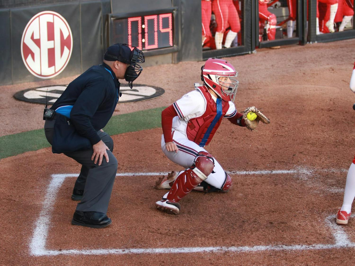 Junior catcher Lexi Winters catches a strike against Boston University on Feb. 21, 2025 at Beckham Field. Winters finished the day with two at bats and one run scored.