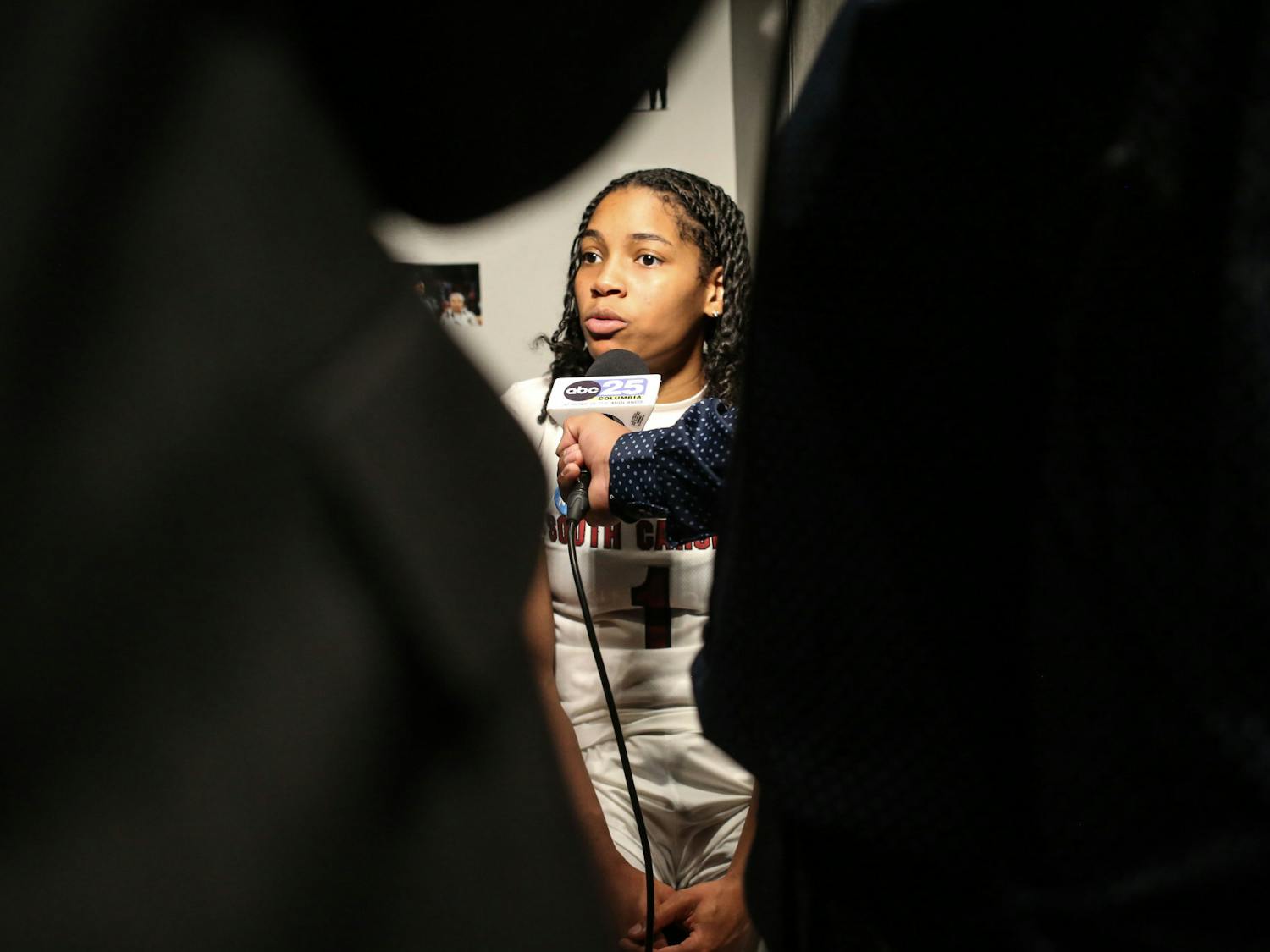 Senior guard Zia Cooke is interviewed by ABC News 25 in the locker room following South Carolina’s win against South Florida in round two of the NCAA tournament at Colonial Life Arena on March 19, 2023. The Gamecocks defeated the Bulls 76-45.