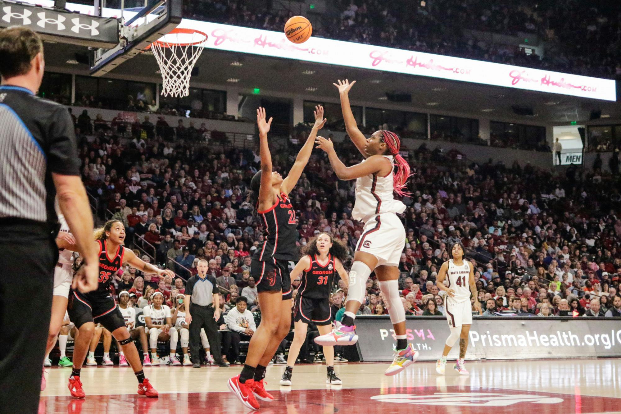 Senior forward Aliyah Boston shoots the ball during South Carolina’s game against Georgia at Colonial Life Arena on Feb. 26, 2023. The Gamecocks beat the Bulldogs 73-63.