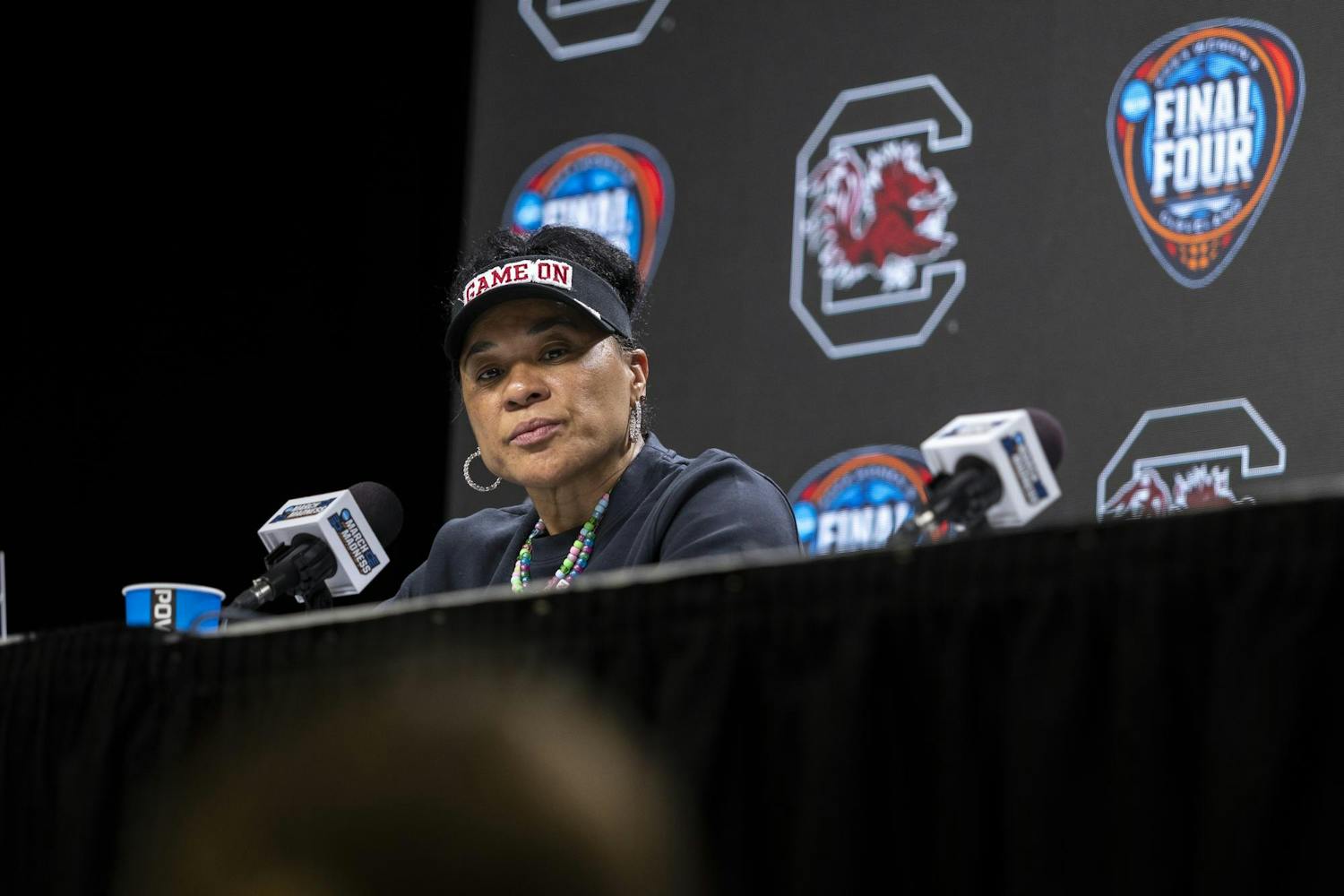 Gamecock women’s basketball head coach Dawn Staley answers questions during a press conference ahead of the NCAA women's basketball final in Cleveland, Ohio. Staley spoke about the team's preparation for the final game against the Iowa Hawkeyes, saying that the team is focused and prepared for the matchup.