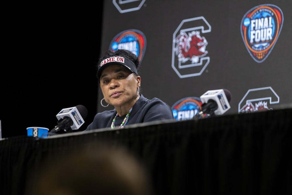 <p>ɫɫƵ women’s basketball head coach Dawn Staley answers questions during a press conference ahead of the NCAA women's basketball final in Cleveland, Ohio. Staley spoke about the team's preparation for the final game against the Iowa Hawkeyes, saying that the team is focused and prepared for the matchup.</p>