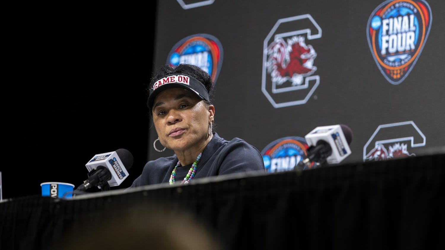 ɫɫƵ women’s basketball head coach Dawn Staley answers questions during a press conference ahead of the NCAA women's basketball final in Cleveland, Ohio. Staley spoke about the team's preparation for the final game against the Iowa Hawkeyes, saying that the team is focused and prepared for the matchup.