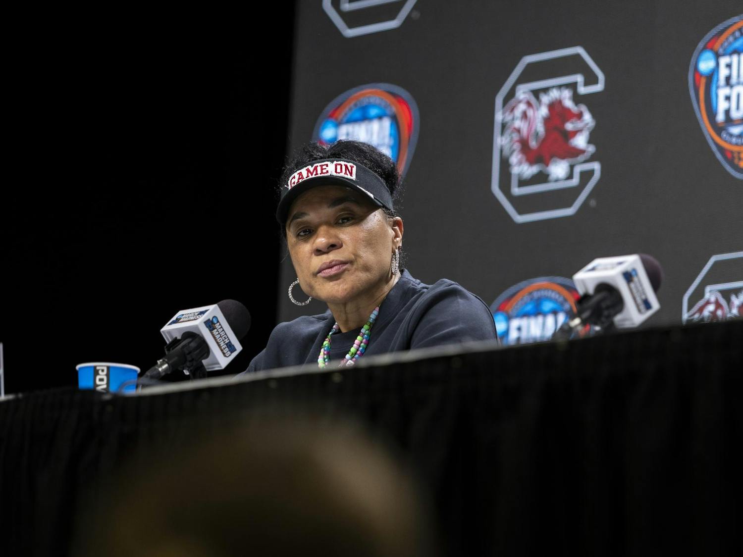 Gamecock women’s basketball head coach Dawn Staley answers questions during a press conference ahead of the NCAA women's basketball final in Cleveland, Ohio. Staley spoke about the team's preparation for the final game against the Iowa Hawkeyes, saying that the team is focused and prepared for the matchup.