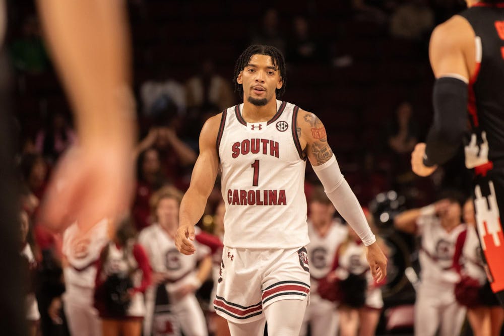 <p>FILE — Senior guard Jacobi Wright takes a moment to catch his breath during South Carolina’s game against Mercer at Colonial Life Arena on Nov. 21, 2024. The Gamecocks aimed to maintain their home-court dominance in the start of this season.</p>