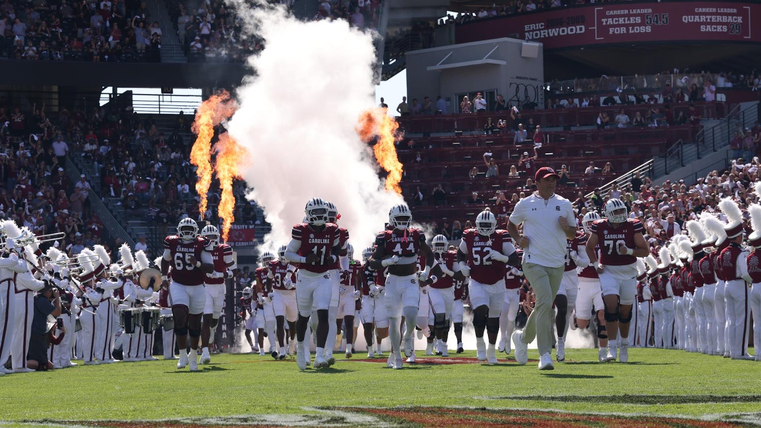 The South Carolina Gamecocks run out to play Oklahoma at Williams-Brice Stadium. The Gamecocks fell to the Sooners, 26-7.