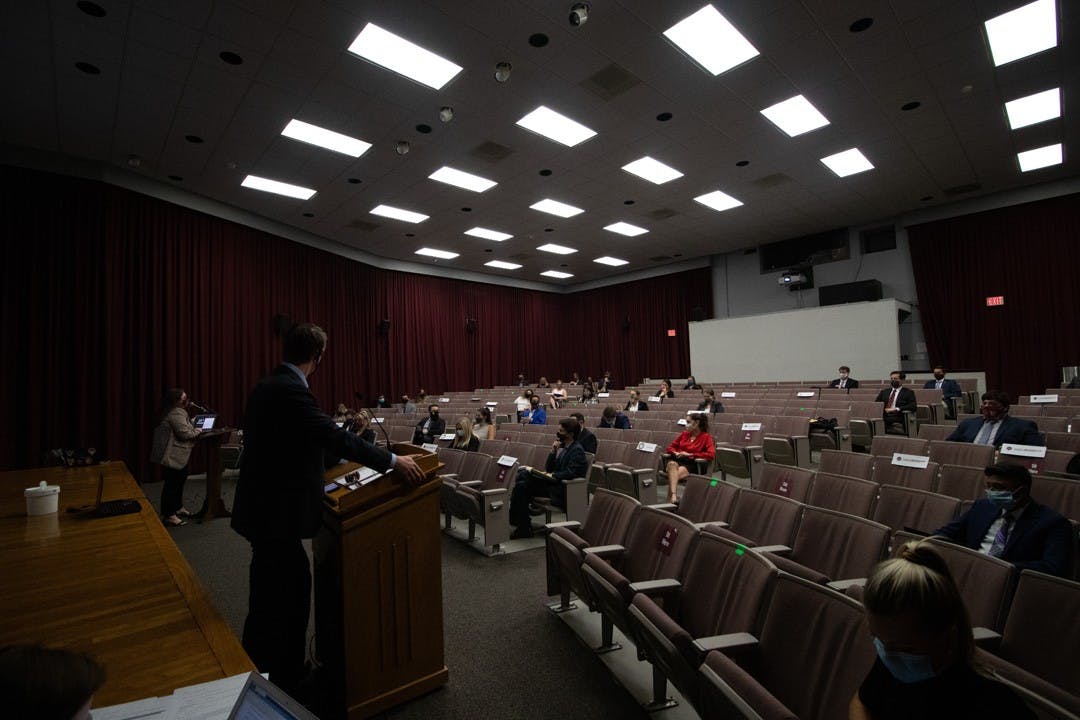 Photos of a student senate meeting, from Sept. 23, 2020. Laney Quickel, the newly appointed student body treasurer, took office for the remainder of the term and will be the last person to hold the title. &nbsp;