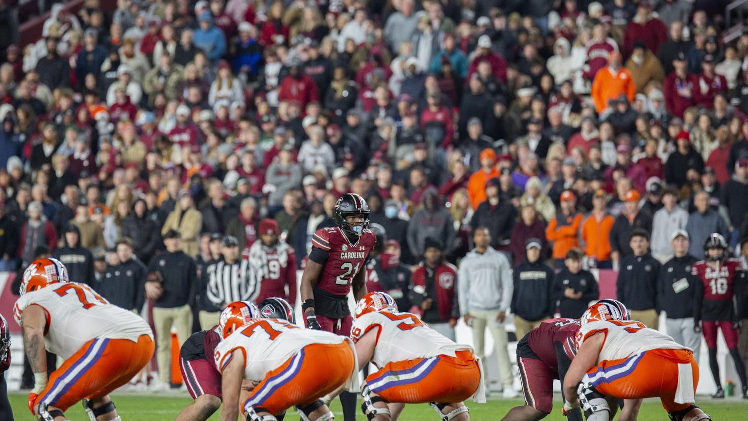 FILE — Sophomore defensive back Nick Emmanwori looks down on Clemson’s offense on Nov. 26, 2023. The Gamecocks will face the Tigers on Saturday in the 121st edition of the Palmetto Bowl.