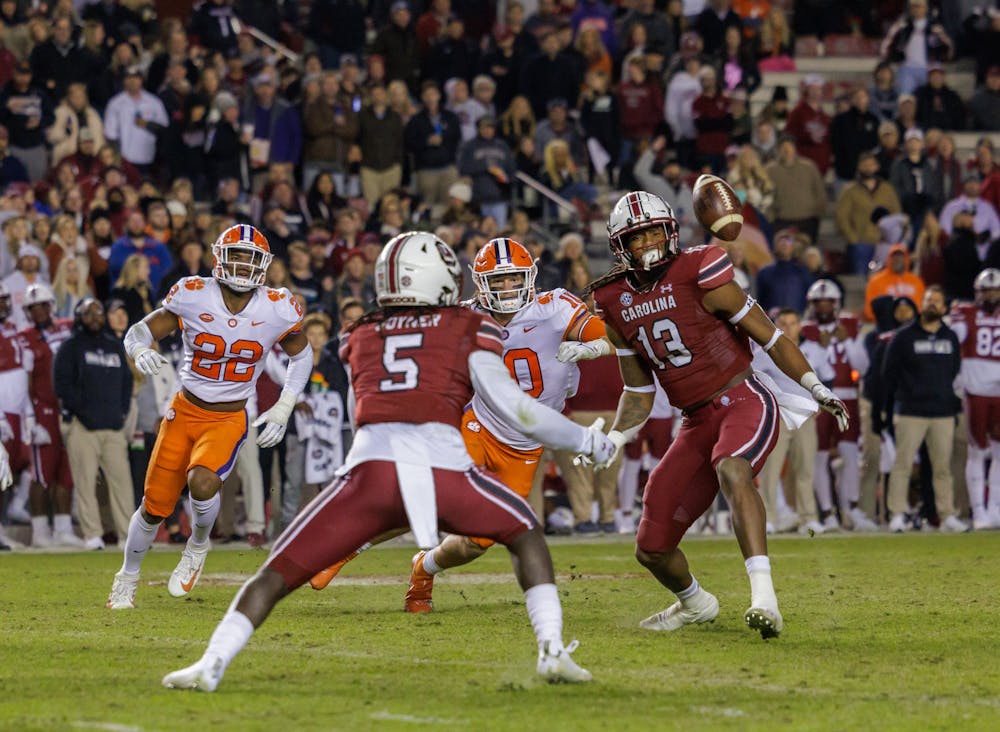 <p>South Carolina Gamecocks wide receiver E.J. Jenkins goes in to catch the ball against the Clemson Tigers on Nov. 28, 2021. Clemson won 30-0.&nbsp;</p>