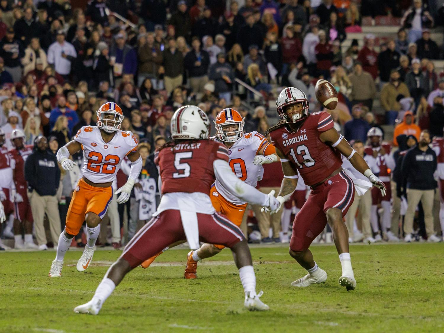 South Carolina Gamecocks wide receiver E.J. Jenkins goes in to catch the ball against the Clemson Tigers on Nov. 28, 2021. Clemson won 30-0.&nbsp;