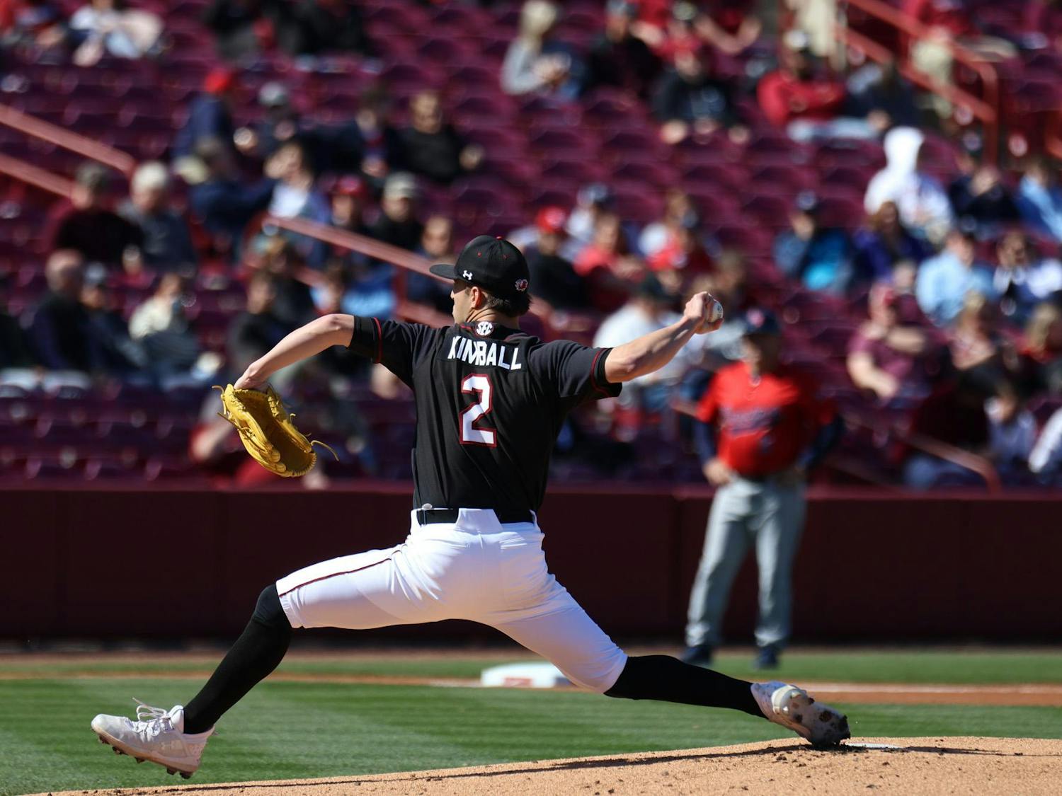 Redshirt sophomore pitcher Roman Kimball throws the ball during South Carolina's game against Belmont at Founders Park on Feb. 25, 2024. The Gamecocks clinched the series with Sunday's 12-1 victory over the Bruins.