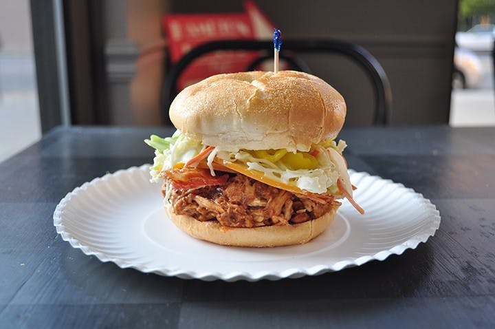 The newest addition to the menu, the Smokey--bbq chicken with bacon, melty cheese, and sweet slaw