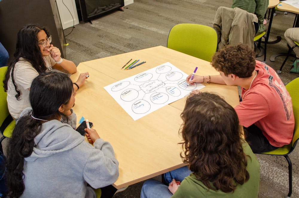 <p>Students do an activity mapping careers paths at the USC Student Sustainability Summit in Green Quad on Feb. 20, 2026. The summit is an opportunity for all students to learn about sustainability and how they can participate in climate action.</p>