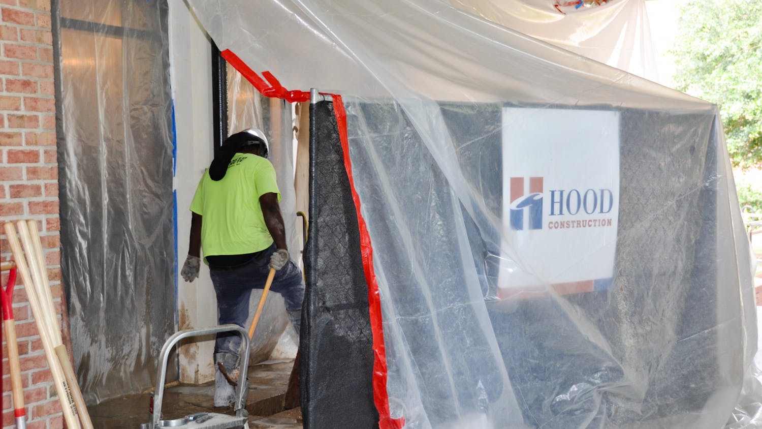 A person working on Russell House construction on June 7, 2022. Russell House is undergoing changes to their dining areas, including the addition of new dining hall.