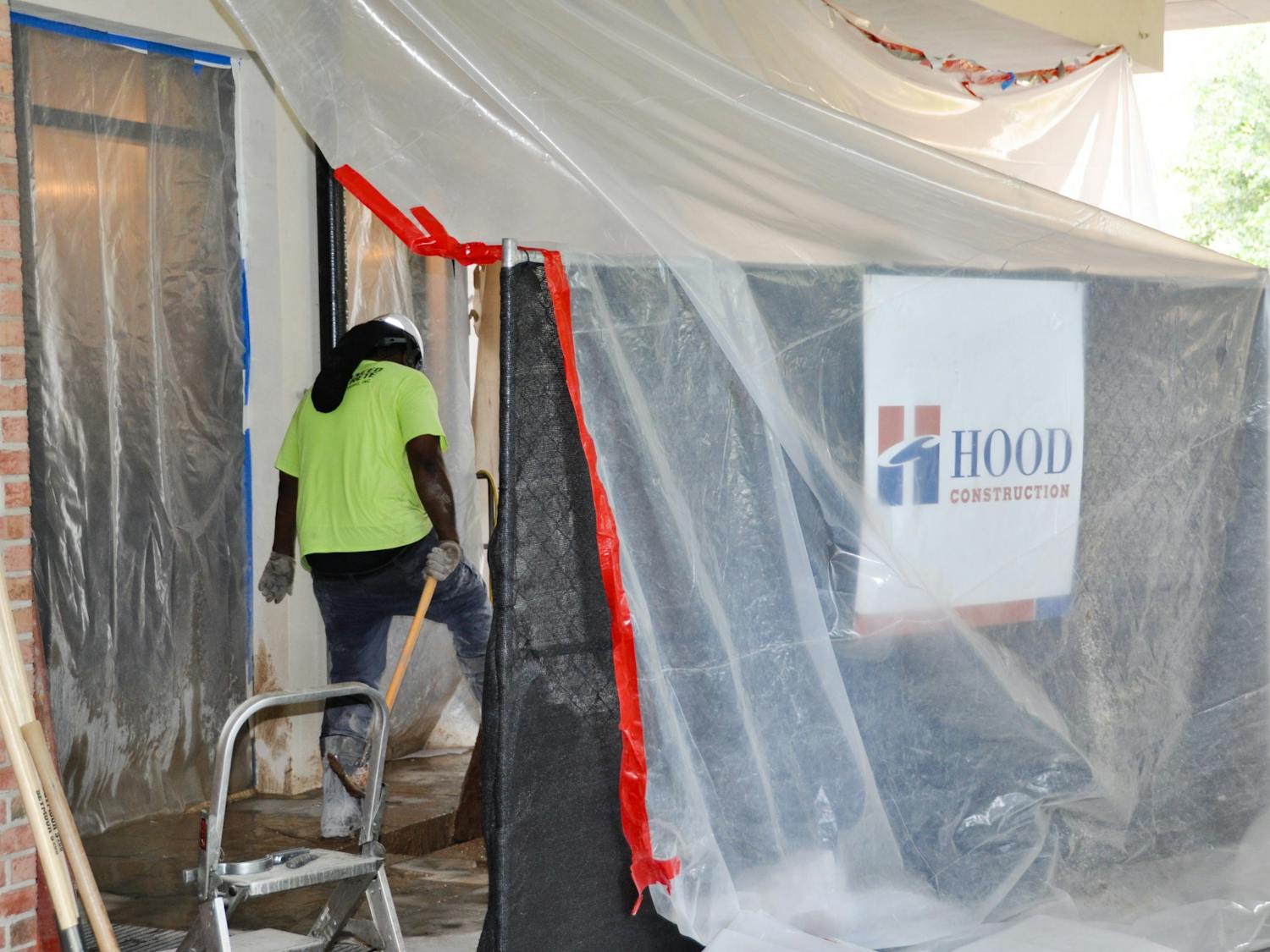 A person working on Russell House construction on June 7, 2022. Russell House is undergoing changes to their dining areas, including the addition of new dining hall.