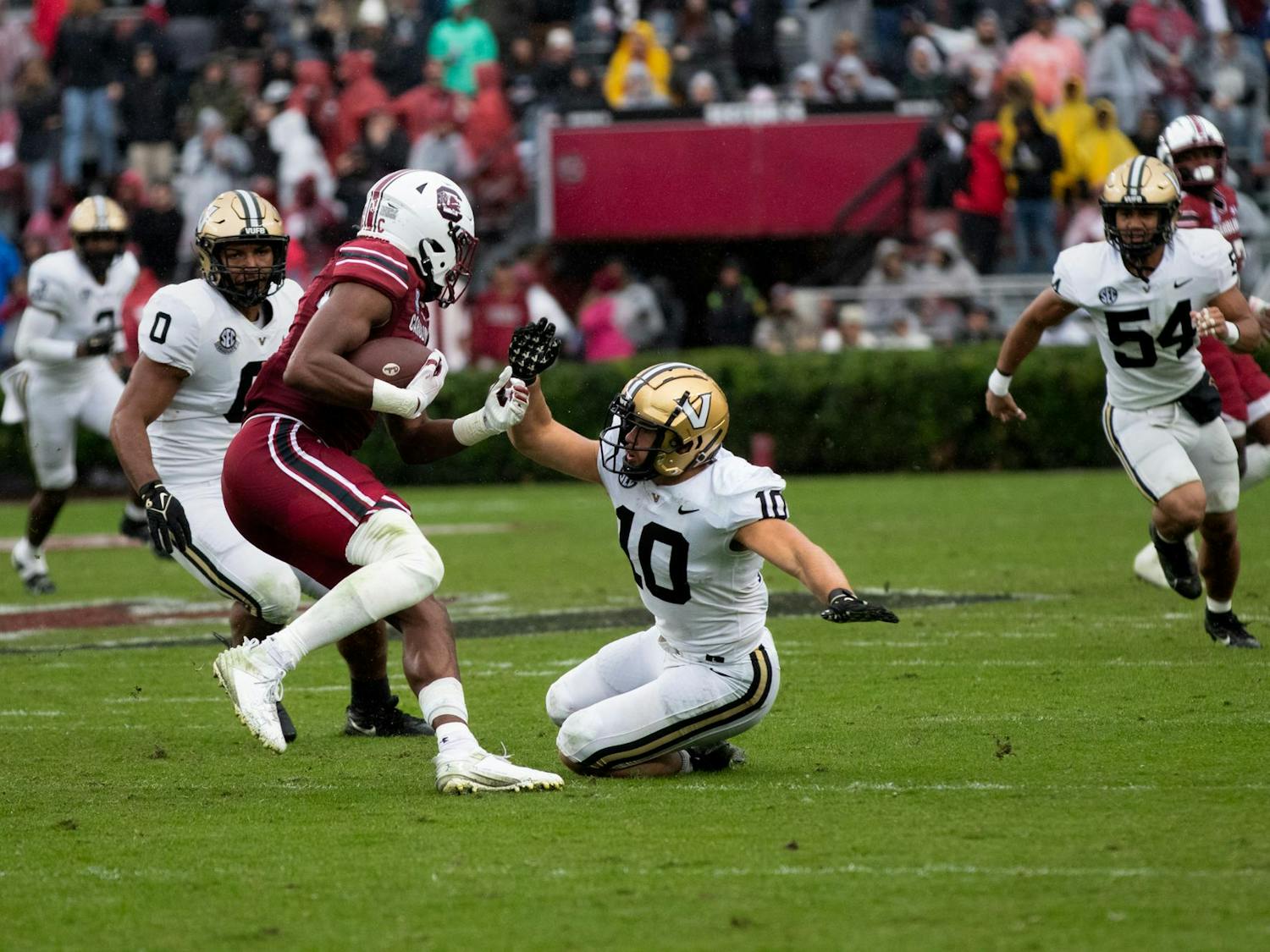 Graduate tight end Joshua Simon dodges a tackle at Williams-Brice Stadium on Nov. 11, 2023. Simon received six passes for 65 yards during the game.