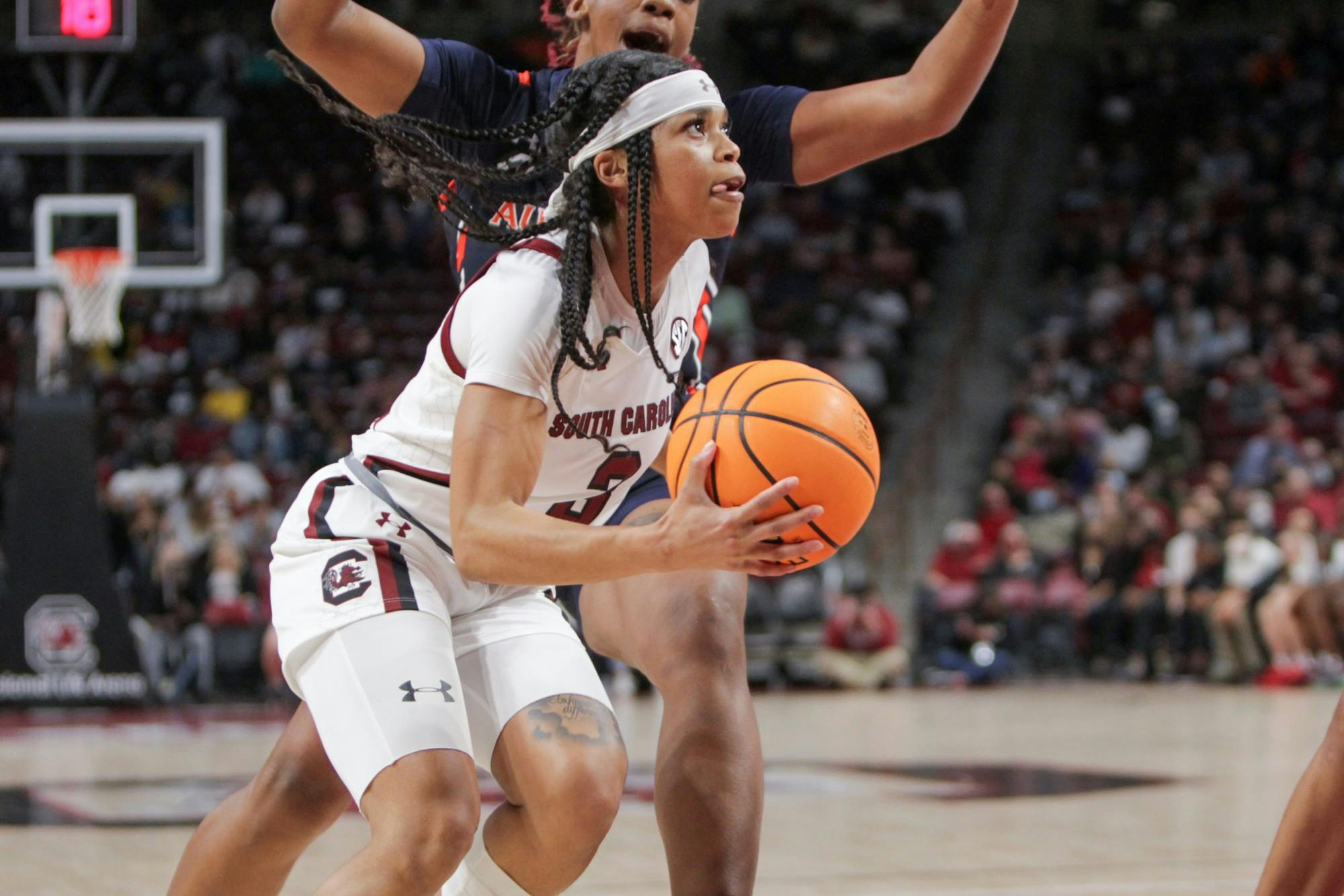 Senior guard Destanni Henderson prepares to shoot during a game on Feb. 17, 2022 at Colonial Life Arena in Columbia, SC. The Gamecocks beat Auburn 75-38.
