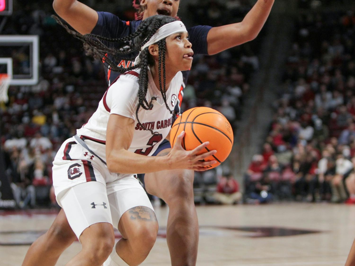 Senior guard Destanni Henderson prepares to shoot during a game on Feb. 17, 2022 at Colonial Life Arena in Columbia, SC. The Gamecocks beat Auburn 75-38.