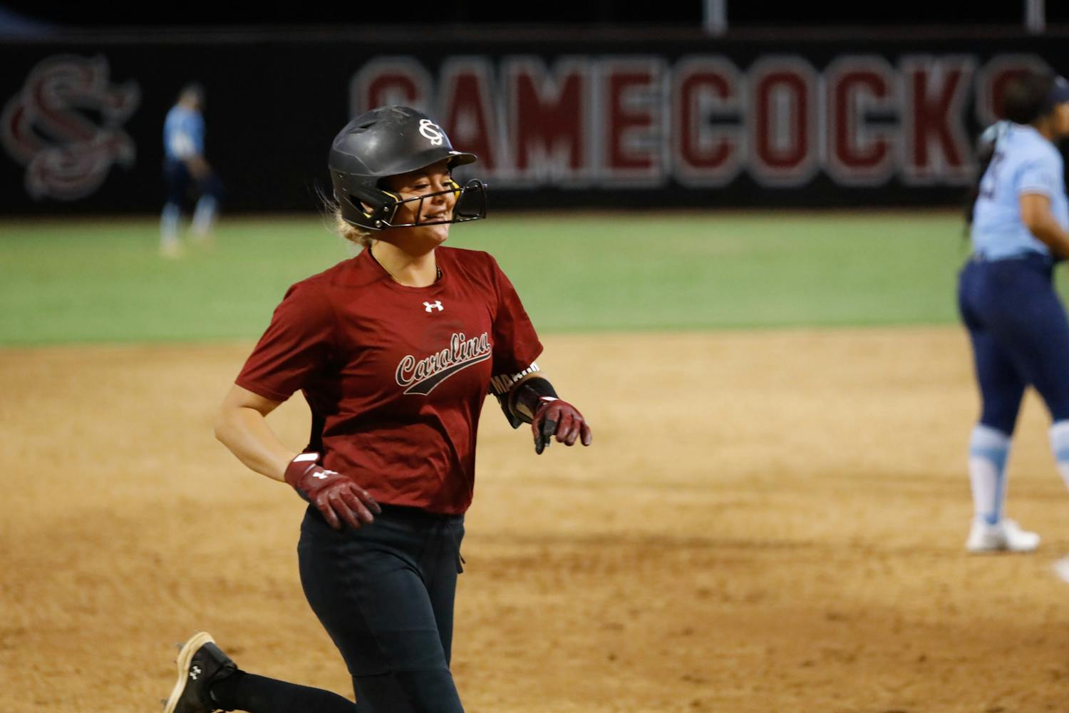 Redshirt freshman infielder Reagan Marchant crosses home plate following a home run against USC Beaufort at Beckham Field on Oct. 7, 2023. Marchant did not play during the spring season after joining the Gamecocks from Hilton Head, S.C.