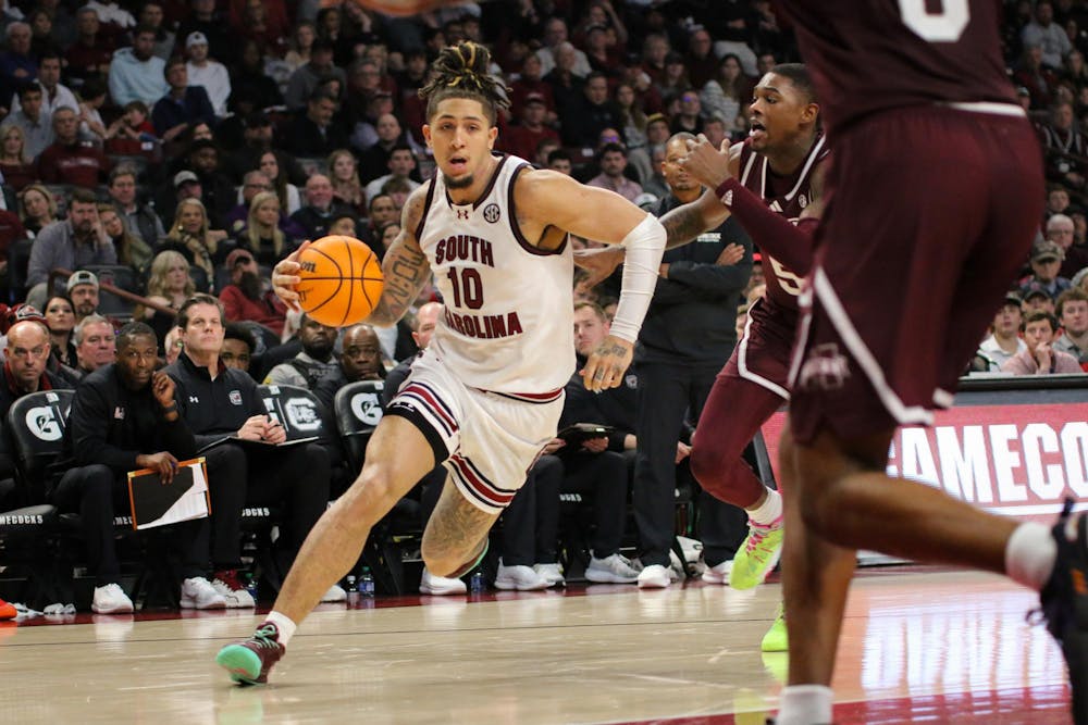 <p>FILE — Junior guard Myles Stute drives to the basket during South Carolina's contest against Mississippi State on Jan. 6, 2024, where he contributed 15 points to the team's 68-62 win. The South Carolina men's basketball team is currently 18-3, with notable victories over Tennessee and Kentucky, who were ranked No. 5 and No. 6 respectively at the time of the games.</p>