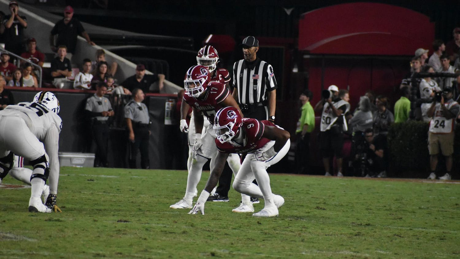 Sophomore linebacker Justin Okoronkwo and graduate student athlete Luke Doty stand on the line of defense during the game against Vanderbilt on Sept. 13, 2025, at Williams-Brice Stadium. The South Carolina Gamecocks fell short to the Vanderbilt Commodores 31-7.
