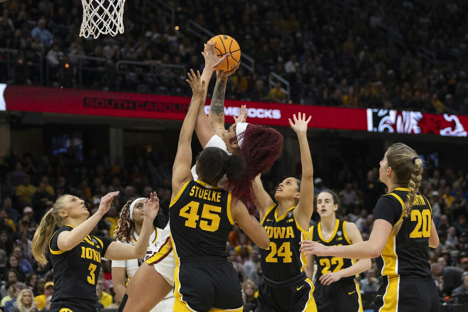 Senior center Kamilla Cardoso attempts a layup during the national championship game against the Hawkeyes on April 7, 2024. Cardoso scored 15 points for the Gamecocks with 17 rebounds to help secure the 87-75 victory over the Hawkeyes.